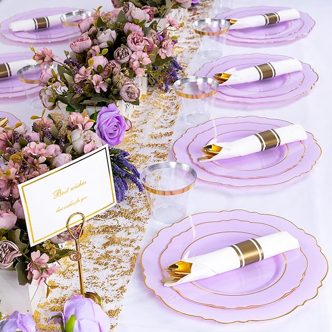 Liacere 350PCS Purple Plastic Plates - Disposable Lavender Plates 50guest Plastic Dinnerware include 100Light purple Plates,50Pack Pre Rolled Napkins Silverware 50Cups for Wedding & Mothers Day