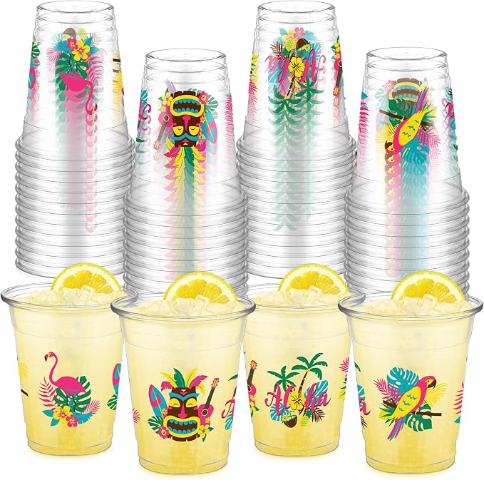 FoldTier 50 Pcs Summer Hawaiian Cups 12 oz Plastic Tropical Luau Glasses Clear Tiki Beach Disposable Glasses Flamingo Drinking Cups for Home Kitchen Summer Tiki Theme Party Favors Supplies Decoration