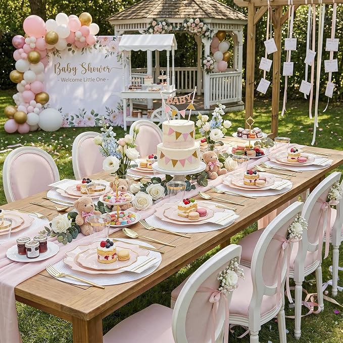 WDF 350Pcs Pink Plastic Plates - Pink and Gold Disposable Plates 50Guest Plastic Dinnerware for Baby Shower/Birthday/Wedding/Spring/Mother's Day