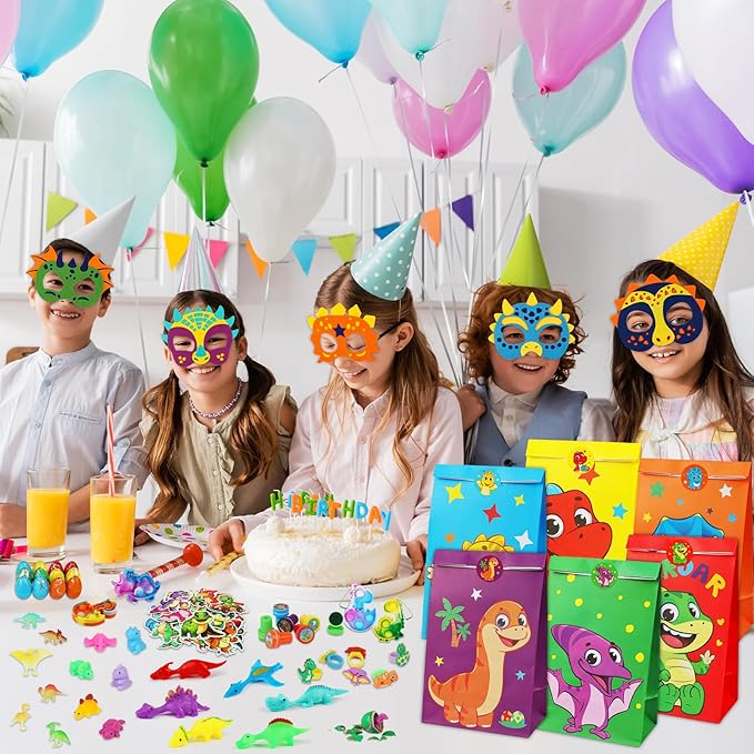 352PCS Dinosaur Party Favors, Dinosaur Birthday Party Decorations Supplies - Stickers Keychains Goodie Bags for Kids Birthday Return Gifts, Dino Slingshot Finger Fidget Toys Bulk