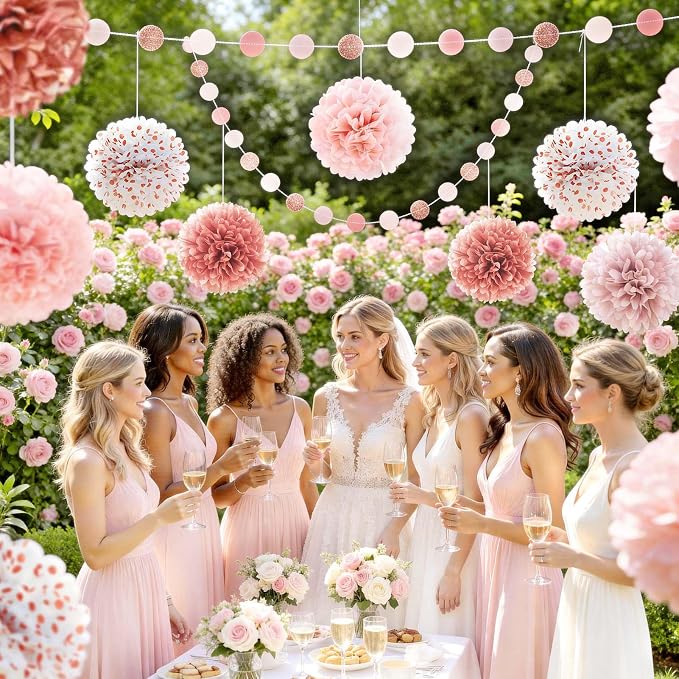 Rose Gold Wedding Decorations - 15 PCS Tissue Paper Pom Poms + 8 Rolls Rose Gold Crepe Paper Streamers for Engagement Party Wedding Birthday Bridal Shower Bachelorette
