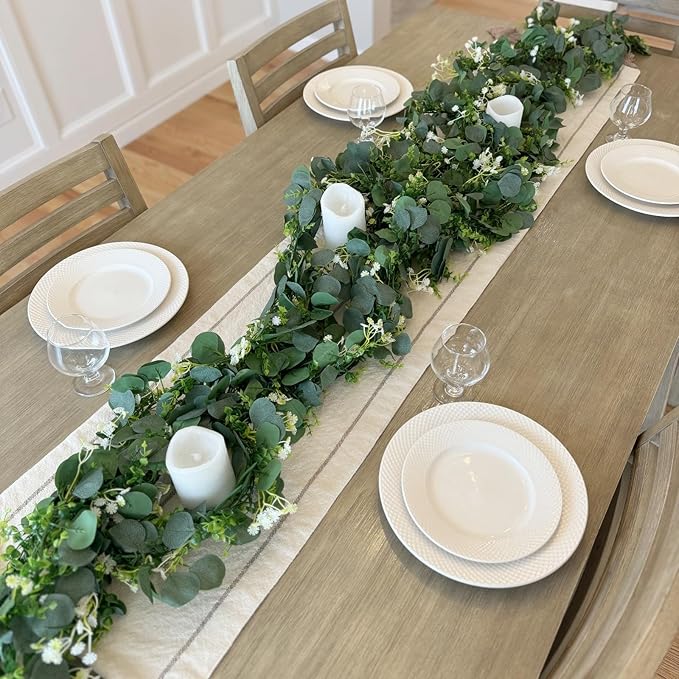 CQURE 4Pcs Eucalyptus Garland,Artificial Eucalyptus Leaves Table Greenery Garland Wreath Vines for Wedding Party Table Fireplace Bedroom Wall Room Decor