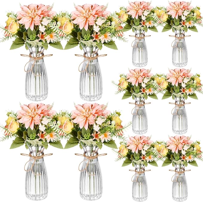 Reallnaive 30 Pack Artificial Flowers Table Centerpieces Decorations with Plastic Vase Wedding Mason Jar 20 Bundles Silk Floral Bouquet 10 Clear Vase with Rope for Party Decor(Dahlia,Champagne)