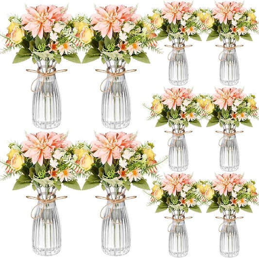 Reallnaive 30 Pack Artificial Flowers Table Centerpieces Decorations with Plastic Vase Wedding Mason Jar 20 Bundles Silk Floral Bouquet 10 Clear Vase with Rope for Party Decor(Dahlia,Champagne)