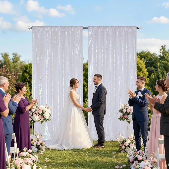 SquarePie 2 PCS 4x10ft Iridescent Sequin Backdrop for Photography, Extra Long Satin-Backed Real Sequin Curtain, High-Density Shimmering Background with 4" Rod Pocket for Wedding Ceremony, 2 Panels