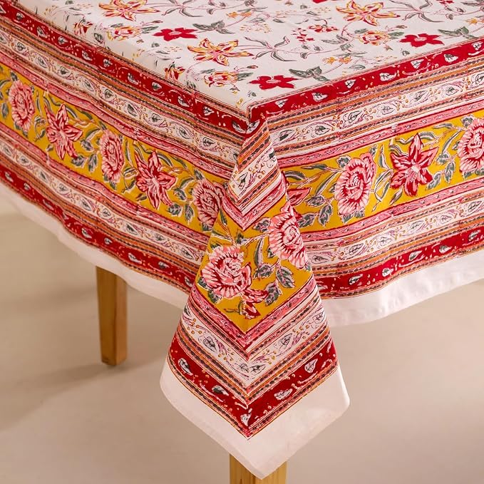 Hand Block Printed Tablecloth, Colorful Floral Print, Indian Artisan Handmade Art, Dining Room, Kitchen, Outdoor Décor, (Ruby Rose Charm, 8 Seater 72 x 108 Inches Rectangle)