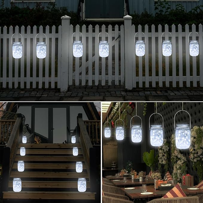 SmilingTown Solar Light for Mason Jars 20 LED Outdoor Fairy String Light Lids with Hangers for Jar Lantern Waterproof Rust Resist for Patio Lawn Garden Decor No Jars 10 Pack (Cool White)