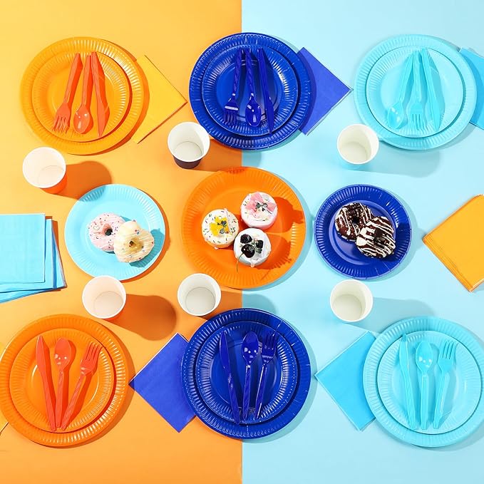 Ziliny 420 Pcs Paper Plates and Napkins 9 oz Paper Cups Forks Knives Spoons Disposable Tableware for Dog Theme Birthday Party Supplies, Serves 60(Sky Blue, Orange, Dark Blue)
