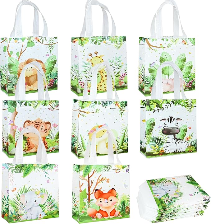 W WINTMING 24 Pcs Safari Party Favor Bags Jungle Animal Gift Bags Reusable Non Woven Safari Goodie Treat Candy Bags with Handles for Kids Birthday Party Baby Shower Decoration Supplies