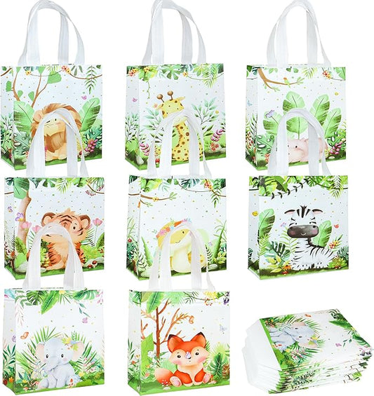 W WINTMING 8 Pcs Safari Party Favor Bags Jungle Animal Gift Bags Reusable Non Woven Safari Goodie Treat Candy Bags with Handles for Kids Birthday Party Baby Shower Decoration Supplies