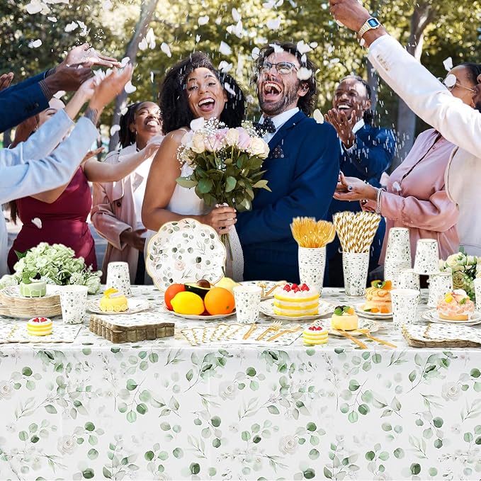 Potchen 452 Pcs Party Supplies Serve 50 Guests, Paper Plates Napkins Cups Cutlery Plastic Tablecloth Dinnerware for Birthday Wedding Party Decoration(Sage Green, Eucalyptus Leaves)