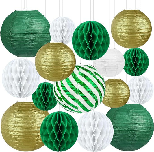 Green and Gold Party Decorations - 16Pcs Hanging Green White and Gold Paper Lanterns & Honeycomb Balls for Graduation Decorations 2026, Birthday, Baby Shower & Wedding Party Supplies