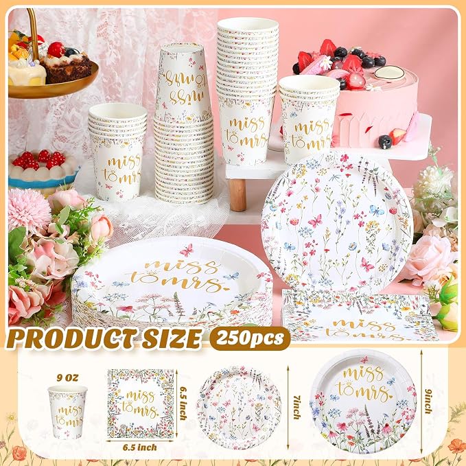 Zhehao 250 Pcs Bridal Shower Plates Napkins Sets 50 Pcs Floral 9'' Dinner Plates and 7'' Dessert Plate and 9oz Cups 100 Napkins Serves 50 Bridal Shower Wildflower Wedding Tableware Set
