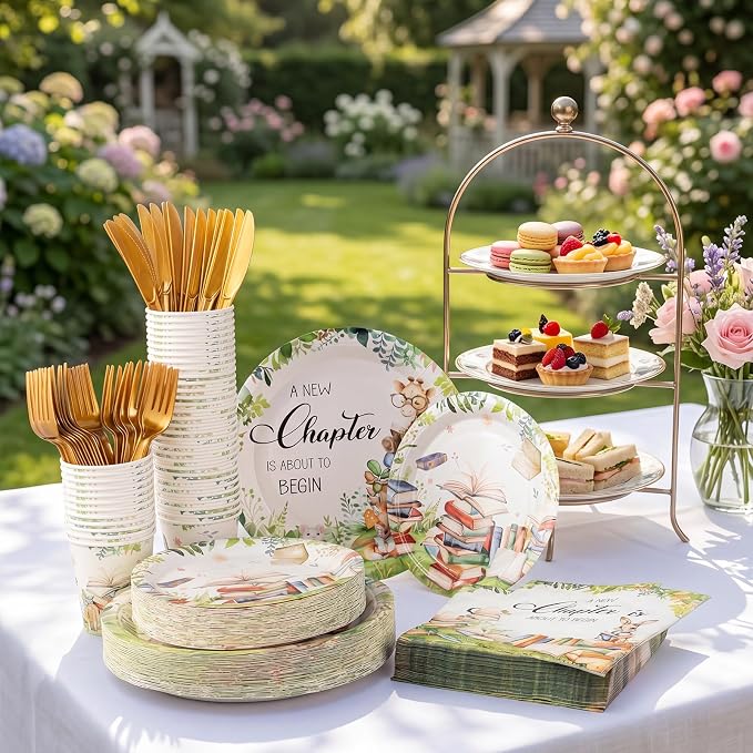 Ziliny 350 Pcs Story Book Themed Baby Shower Tableware Set, a New Chapter Is About to Begin Disposable Paper Plates Napkins Cups Woodland Animal Tableware for Gender Reveal Newborn Party Serves 50