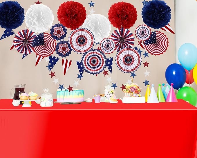 27 Pcs 250th Anniversary Party Decoration, 6 Pcs Disposable Tablecloth 21 Hanging Paper Fan, Pom Poms Flower, Garland String Polka Dot and Triangle Flag Set for 4th of July Patriotic Independence Day