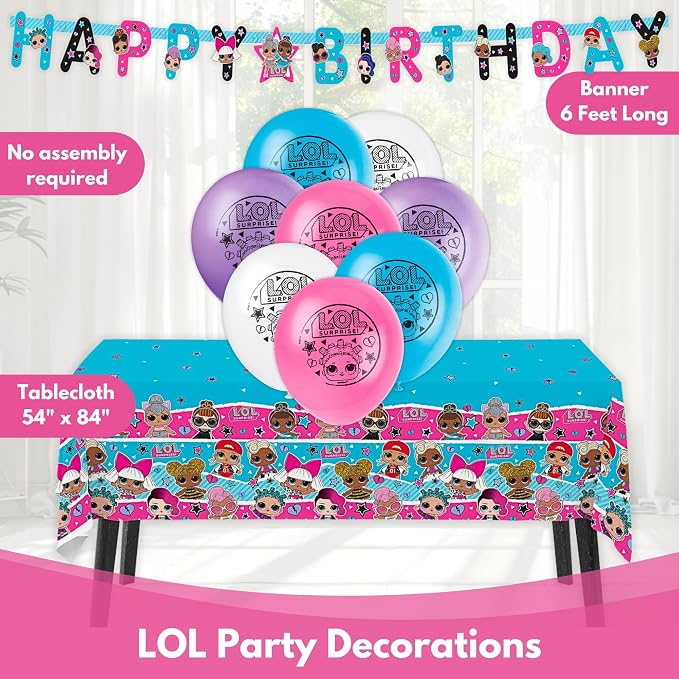 LOL Birthday Party Decorations - 16 Guests LOL Party Pack with Banner, Balloons, Plates, Napkins, Tablecloth, Checklist - Officially Licensed
