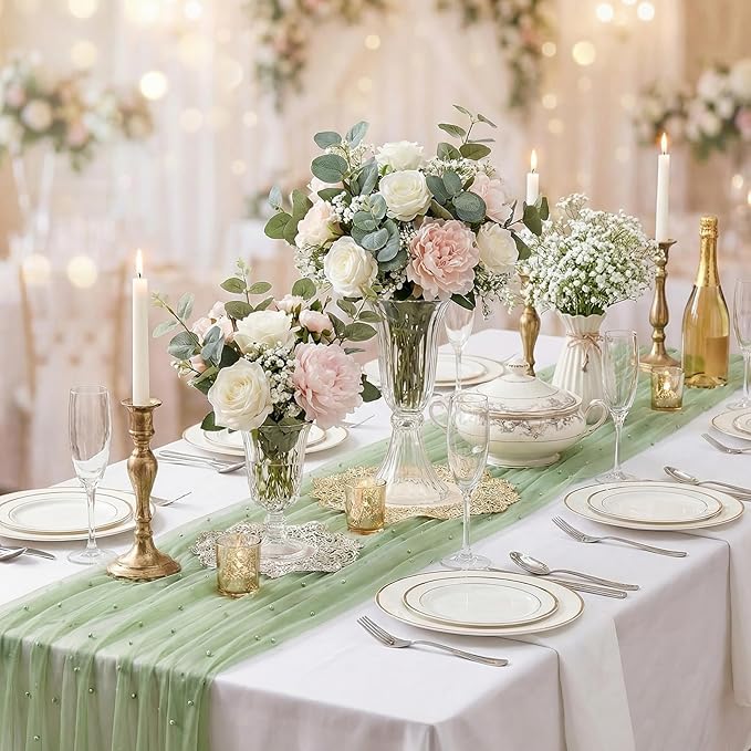 Tulle Pearl Table Runner Lace: 10ft Tulle Runners Romantic Sheer Tables Cover 12pcs Decorative Fabrics for Wedding Arch Dessert Table Decorations Sage Green