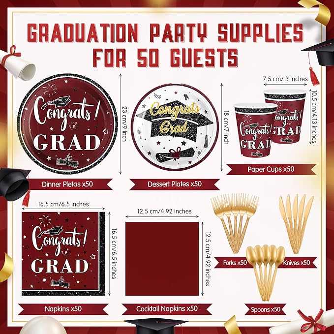 Domensi 400 Pcs 2026 Graduation Decorations Plates and Napkins and Cups Set Serve 50, Maroon and Gold Graduation Party Supplies, Class of 2026 Paper Tableware 9oz Cup Knife Fork Spoon Congrats Grad