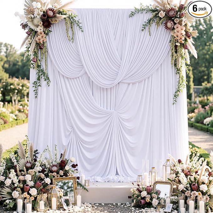 30x16ft White Backdrop Curtains for Wedding Party, 6 Panels 16 ft Long Back Drop Cloth, Wrinkle-Free Polyester Drapes for Birthday, Baby Shower, Stage Photography Background