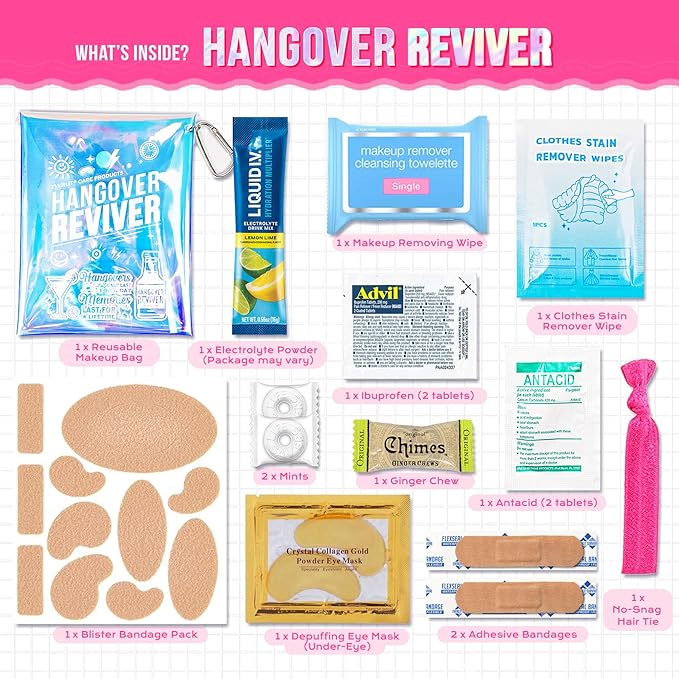 EVERLIT CARE Hangover Kit 5 PACK Pre Filled Party Favors, Goodie Bags, Gift for Bachelorette, Wedding, 21st Birthday Gift, Girls Trip Recovery Kits & First aid Supplies for Parties and Events