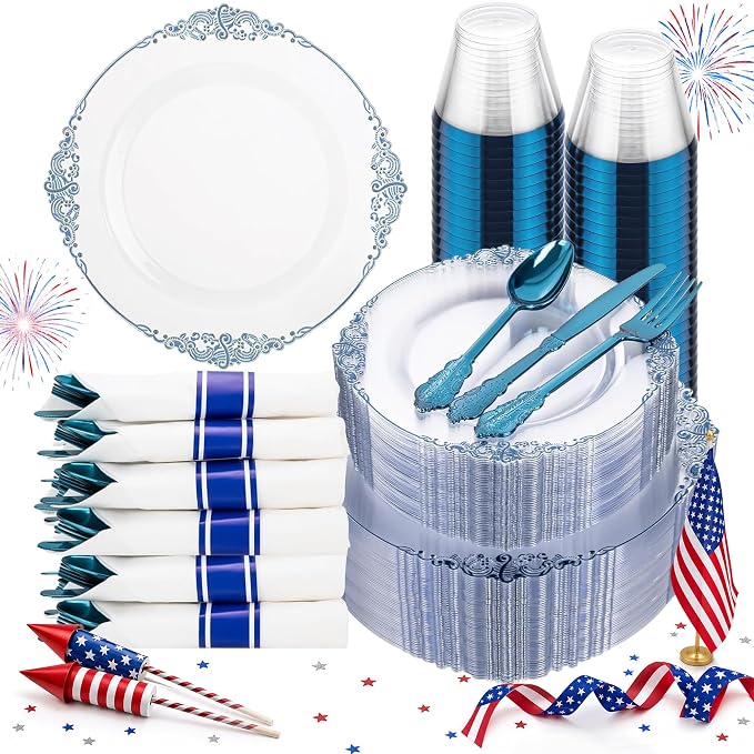 Hioasis 350pcs Clear Blue Plastic Plates - Elegant Disposable Dinnerware Set Suitable for 50 Guests Include 10.25" Dinner & 7.5" Dessert Plates, Pre Rolled Silverware Set, Cups for Party & Wedding