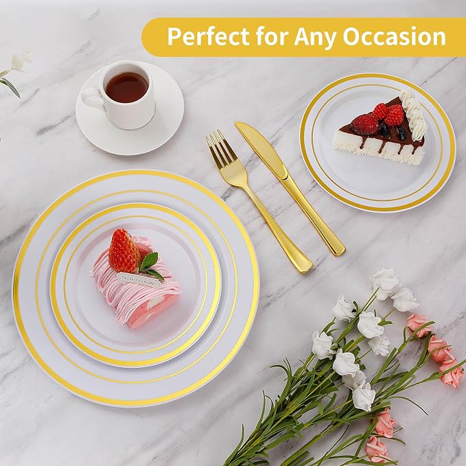 Goodluck 400 Piece White and Gold Plastic Plates Set - 200 Dinner Plates & 200 Salad Dessert Plates, Heavy Duty Disposable Gold Trimmed Plates for Wedding, Party, Elegant Fancy Plastic Plates Bulk