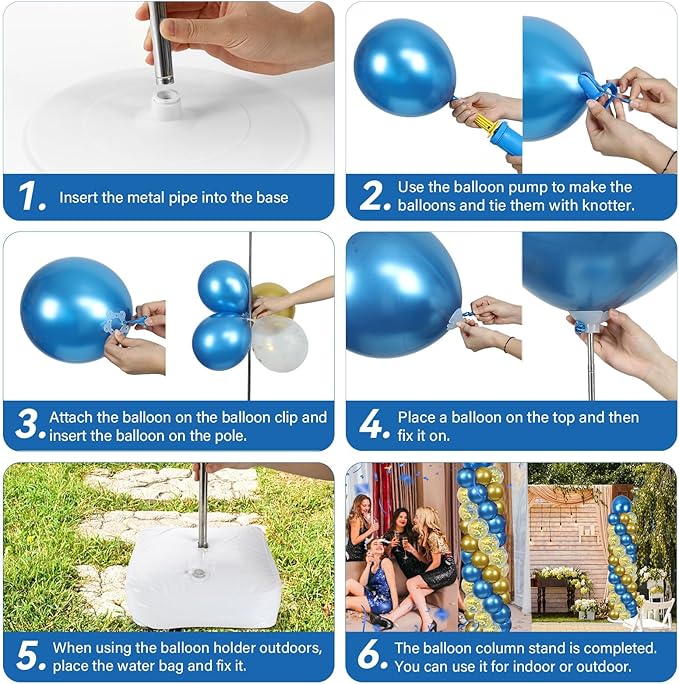 2 Sets Metallic Blue and Gold Balloon Column Stand Kit with 100 Balloons Adjustable Balloon Tower Stand with Bases for Floor Navy Blue Gold Balloon Column Kit for Graduations Summer Birthday Decor