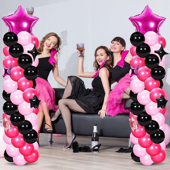 Gejoy 110 Pcs Pink Rose Red Black Balloons Column Stand Kit Adjustable Tower Stand from 1.4 to 6.6 ft with Bases for Back to School Wedding Birthday Baby Shower Party