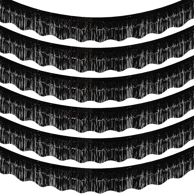 LOLStar Black Foil Fringe Tinsel Garland, Tinsel Streamers Banner, 6 Pack | 60Ft Tinsel Streamers, Shiny Black Wall Hanging Tinsel Fringe Banners for Bachelorette, Halloween, New Year Party Decor