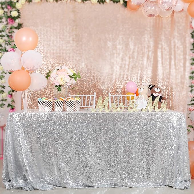 B-COOL Sequin Tablecloth Christmas Decoration 50x50 Inches Square Fabric Thanksgiving Table Cloth Sparkle Overlays Glitz Silver Table Overlay Baby Shower Birthday