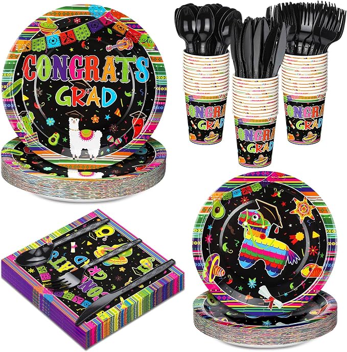 Yungyan 252 Pcs Mexican Graduation Fiesta Party Tableware Set Mexican Graduate Plates Napkins Cups Forks Knives Spoons for Mexico Graduate Party Decorations Supplies 36 Guests