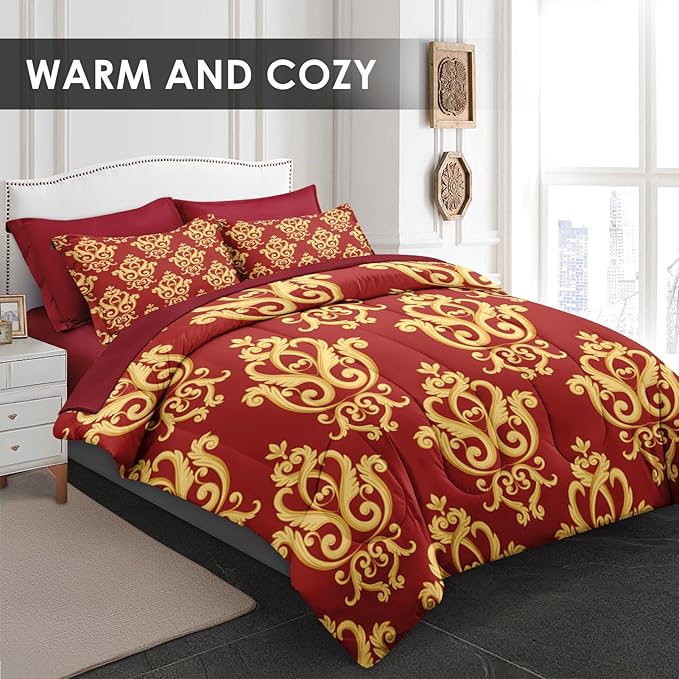 Pamnest Comforter Set Full Size, Vintage Floral Gold 7 Pcs Bedding for Kids and Adults, Medieval Burgundy Red Bed Sheet Sets with Fitted Sheet 2 Pillowcase & 2 Sham for Bedroom Bed Decor