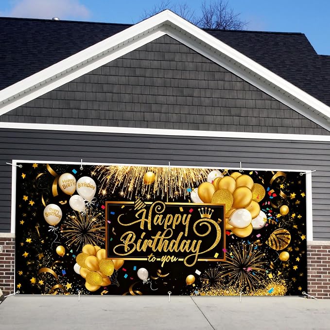 Happy Birthday Garage Door Banner Cover 7x16FT Waterproof –Luxury Black Gold Fireworks & Balloons Backdrop with Crown Design,Indoor Outdoor Decor for Birthday Party,Anniversary, Photo Booth