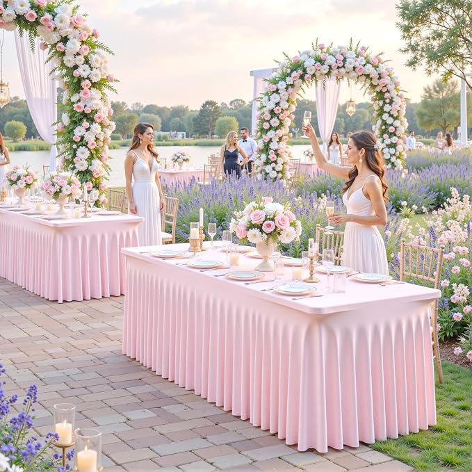 2 Pack Pink Table Cloth for 8 Foot Rectangle Tables Spandex Fitted Tablecloth 8ft Stretch Table Covers Skirt Pink Banquet Tablecloths Wrinkle Free Tablecloth for Party Wedding Birthday Event