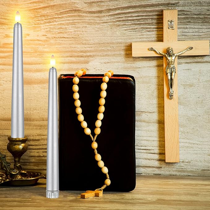 Macarrie 24 Packs Flameless Taper Candles Battery Operated Fake 11 Inch Long Candlelight LED Flameless Candlesticks Flickering Tapered for Summer Fall Wedding(Silver)