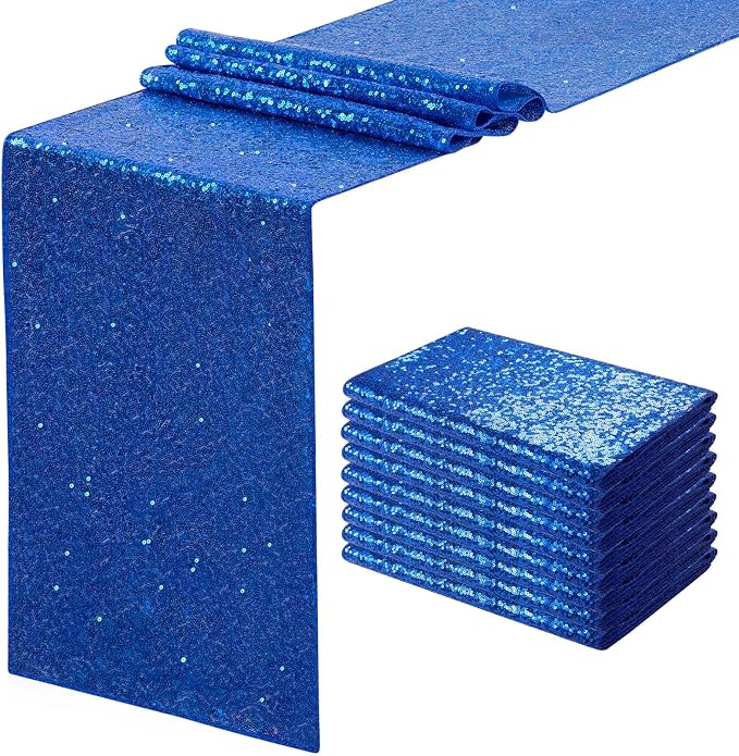 Glitter Sequin Table Runners Royal Blue 10 Pieces 12x108 Inches Sequin Fabric Shimmer Table Runner for Baby Shower Banquet Wedding Table Decorations