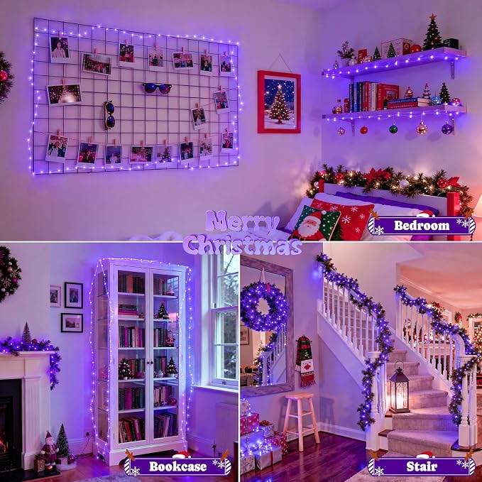 JMEXSUSS 2 Pack Christmas Fairy Lights Battery Operated, Total 400 LED 132ft Purple Christmas String Lights Indoor with Remote, 8 Modes Copper Wire Twinkle Lights for Bedroom Wall Tree Decor