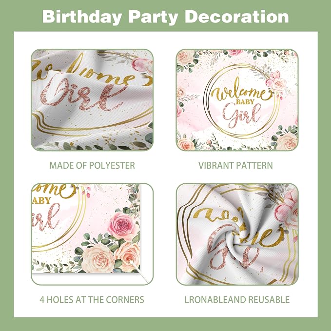 Baby in Bloom Baby Shower Decorations for Girl, Sage Green and Pink Party Supplies with 4pcs Balloon Boxes, "Welcome Baby Girl" Backdrop, Floral Tablecloth, 70pcs Balloon Garland Arch Kit
