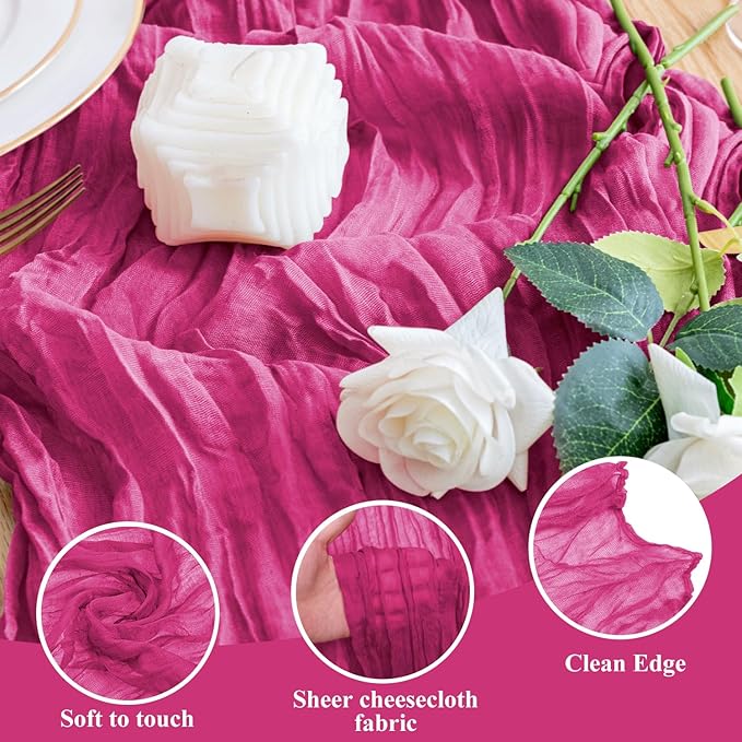 Wokceer Cheesecloth Table Runner Fuchsia 10FT Boho Gauze Cheese Cloth Table Runner for Party Long Rustic Sheer Table Runners for Baby Bridal Shower Wedding Easter Table Decor