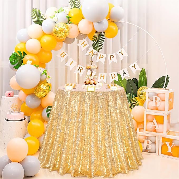 B-COOL Gold Sequin Tablecloth Party Decorations: 90 Inch Round Table Cloth Sequins Fabric Overlay for Indoor Outdoor Dining Parties