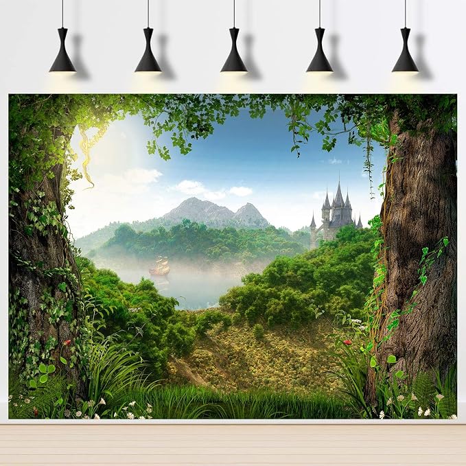Fairy Tale Woodland Backdrop Castle Sailing Ship Enchanting Tale Photography Background Blue Sky Mystical Fantasy Forest Landscape Backdrops Portrait Booth Video Shoot Studio Props Vinyl 10x6.5ft