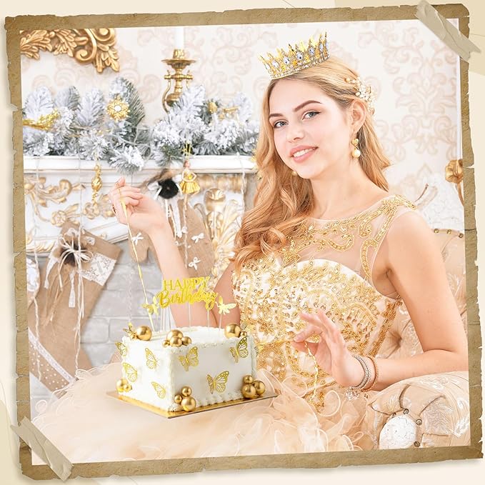 57Pcs 5.7'' Gold Crown Cake Topper Happy Birthday Cake Decoration with Crown Ball 3D Butterflies Birthday Candle Elf Sign Decor for Women Queen Anniversary Celebration Wedding Party Supplies