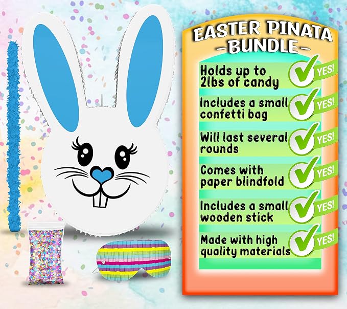 Jergrim Boy Easter Bunny Piñata Set with small stick and confetti bag - 17”x10”x 3” Perfect for Easter Celebration, Bunny Theme Parties, Party Decor, and more