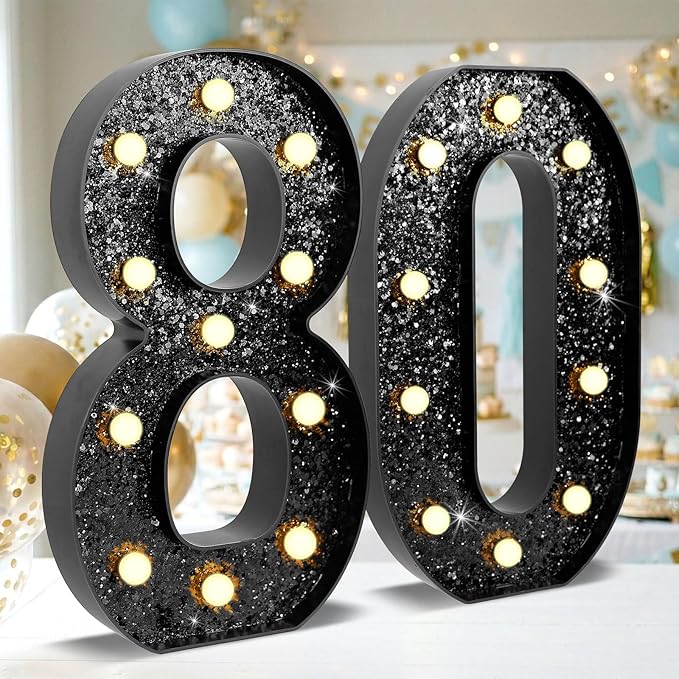 12.6 Inch LED Black Marquee Light Up Numbers, 80th Birthday Decorations Number Lights as Gifts for Women Men, Glitter Lighted Marquee Numbers for Black Anniversary Party Table Decor, 80