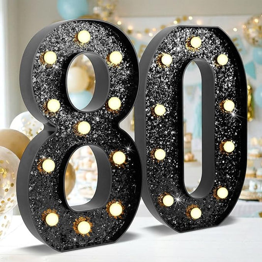 12.6 Inch LED Black Marquee Light Up Numbers, 80th Birthday Decorations Number Lights as Gifts for Women Men, Glitter Lighted Marquee Numbers for Black Anniversary Party Table Decor, 80