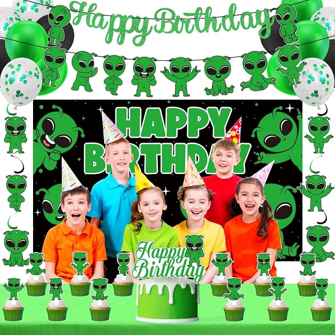 Alien Birthday Party Decorations, Alien Party Supplies Set Including Green Glitter Banner, Hanging Swirls, Latex Balloons, Cake Toppers and Backdrop for Kids Boys Girls Theme Party Decorations