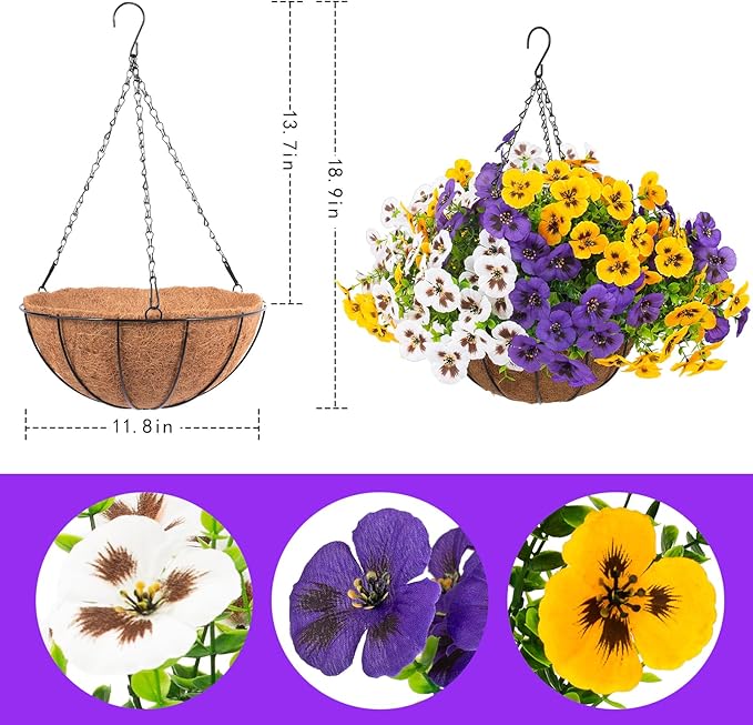 lovemoon 2 Sets Artificial Hanging Pansy Flowers with Baskets, 24 Pcs UV Resistant Faux Silk Pansy Outdoor Hanging Flower for Porch Patio Garden Home Spring Decor (2, White,Yellow,Purple)