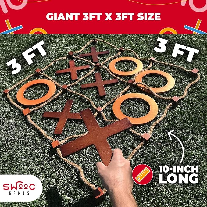 SWOOC Games - Premium Giant Tic Tac Toe Game Outdoor (All Weather) | 3ft x 3ft | Instant Setup, No Assembly | Giant Outdoor Games for Adults and Family | Outside Toys | Large Lawn & Backyard Fun