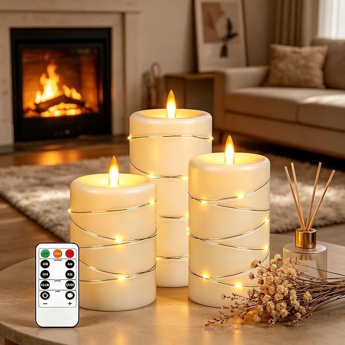 Da by 3 Pack Ivory Flameless Taper Candles, Realistic Flickering LED Candles with Surrounding Fairy String Lights, Heat Resistant ABS Battery Candles with Remote for Indoor Outdoor Decor