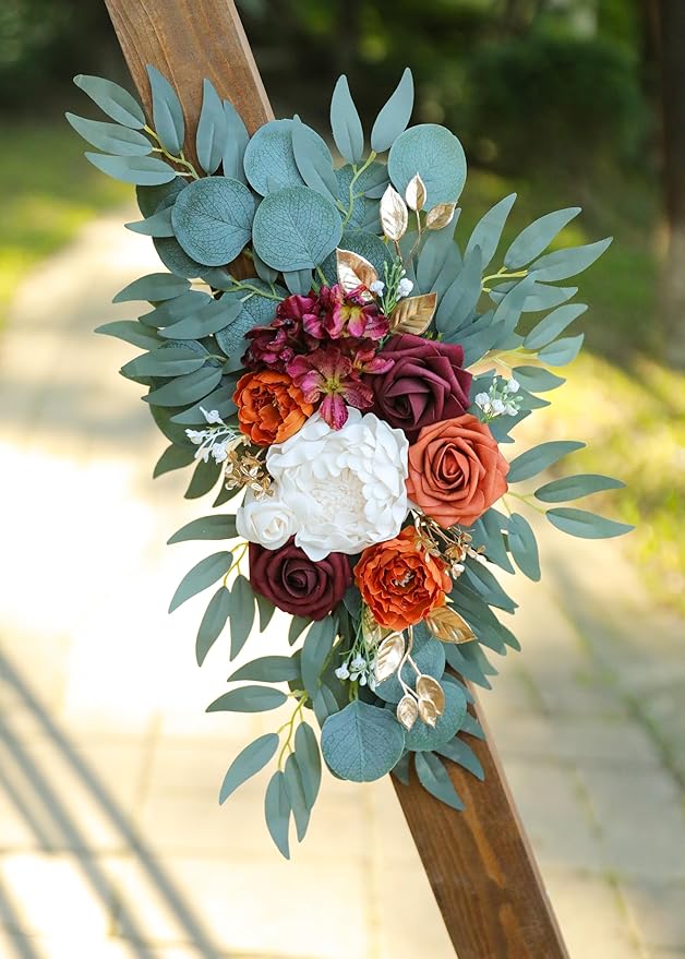 Artificial Burnt Orange Wedding Arch Flowers Swags (Set of 2) for Welcome Signs Floral and Wedding Church Decoration Ceremony, Anniversary, etc, Burgundy Roses Flowers